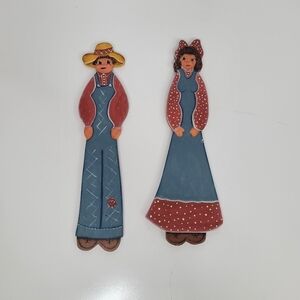 Hand‎ Painted Wooden Folk Art Farmer & Girl Wall Decor Plaque Country Farmhouse